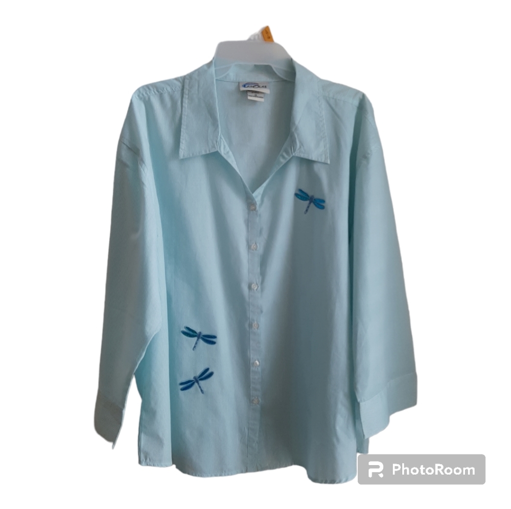 Las Olas, Women's blouse, size 1X, Blue stripes with dragonflys, 3/4 sleeves